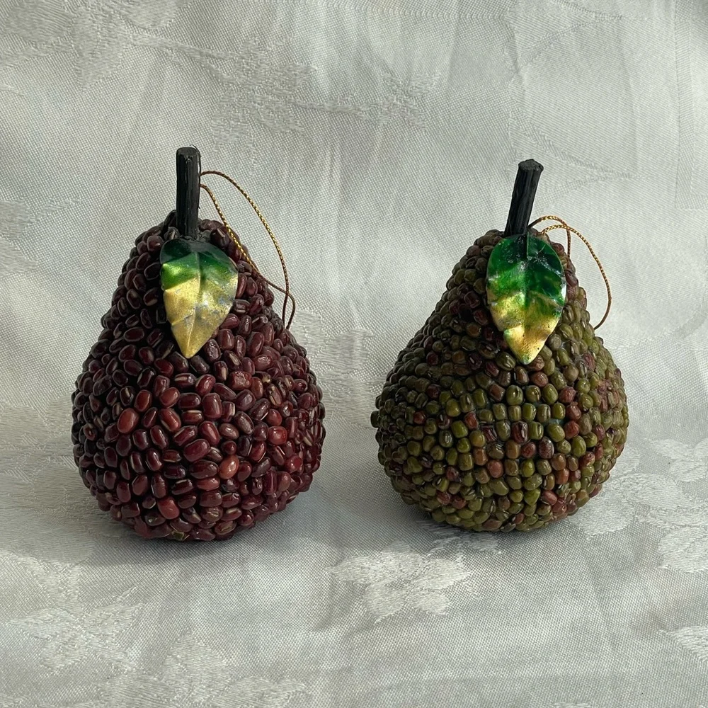 Pier 1 Beaded Pears with Metal Leaves Fall Autumn Decor Ornaments Set of 2